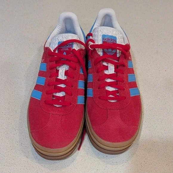 Adidas Gazelle Bold Platform Sneakers Women Red Blue Suede Gum Sole 'Like New' - Picture 2 of 12